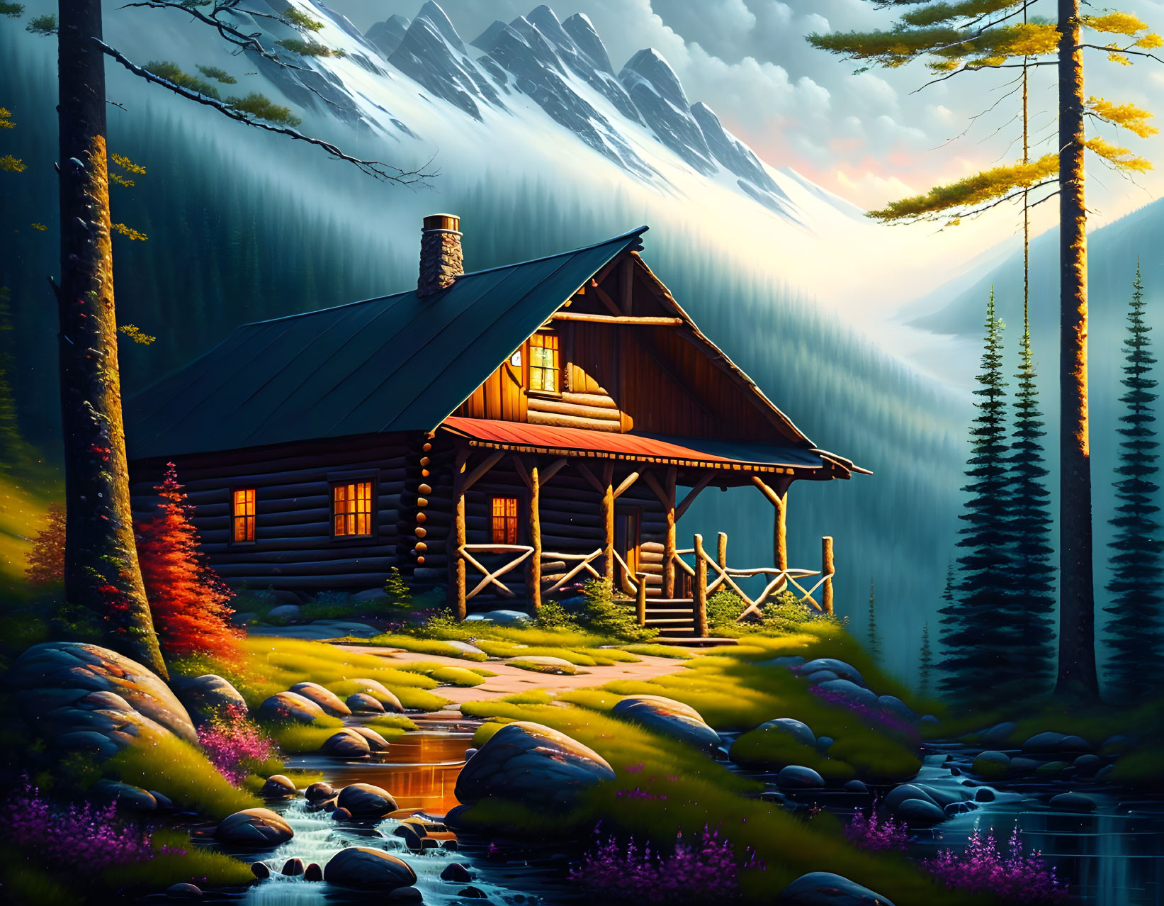 Rustic log cabin by tranquil stream at twilight