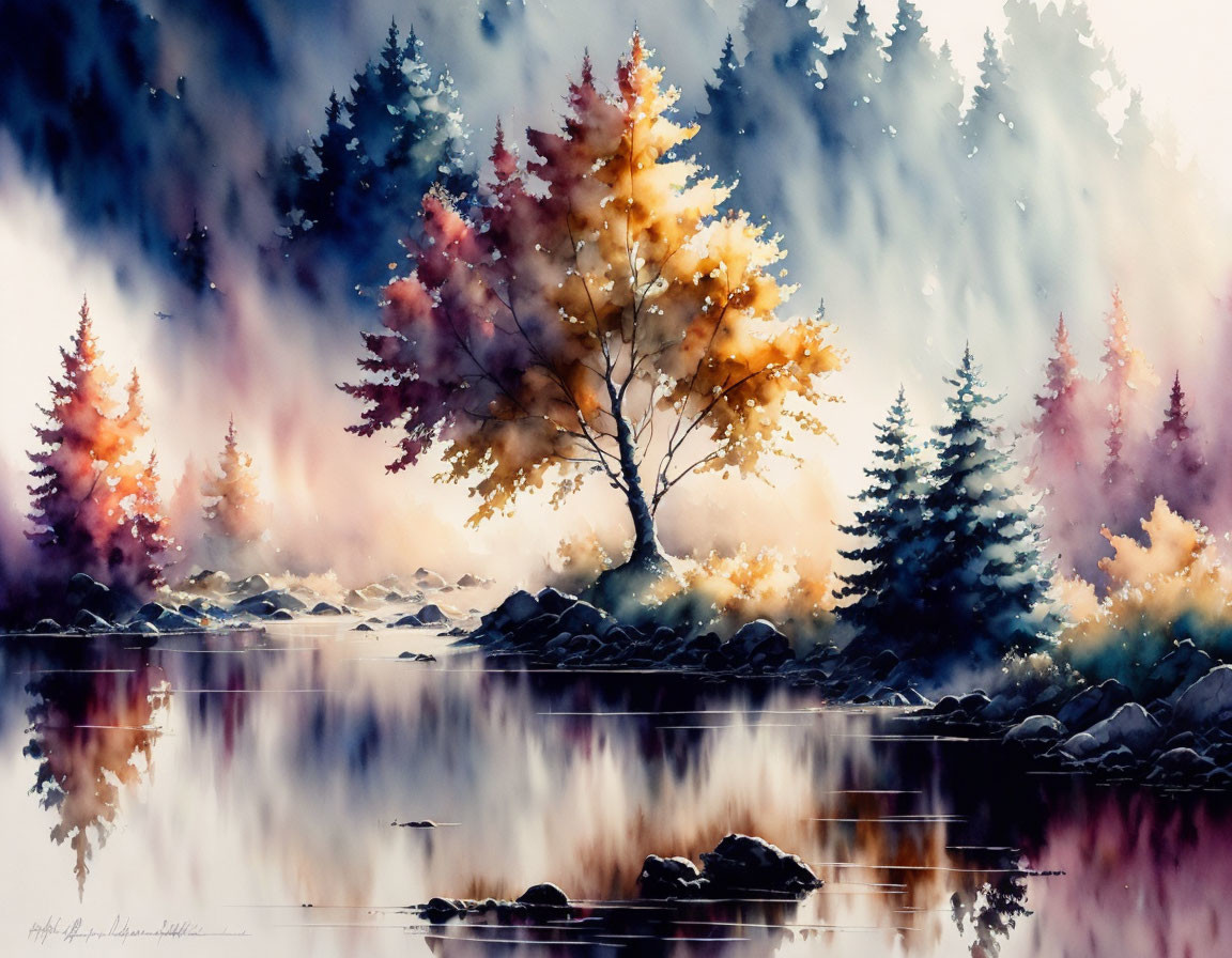 Autumn trees reflected in serene watercolor lake scene