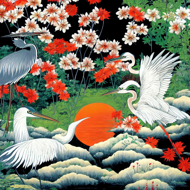 Colorful artwork: Egrets in red and white flowers with orange sun