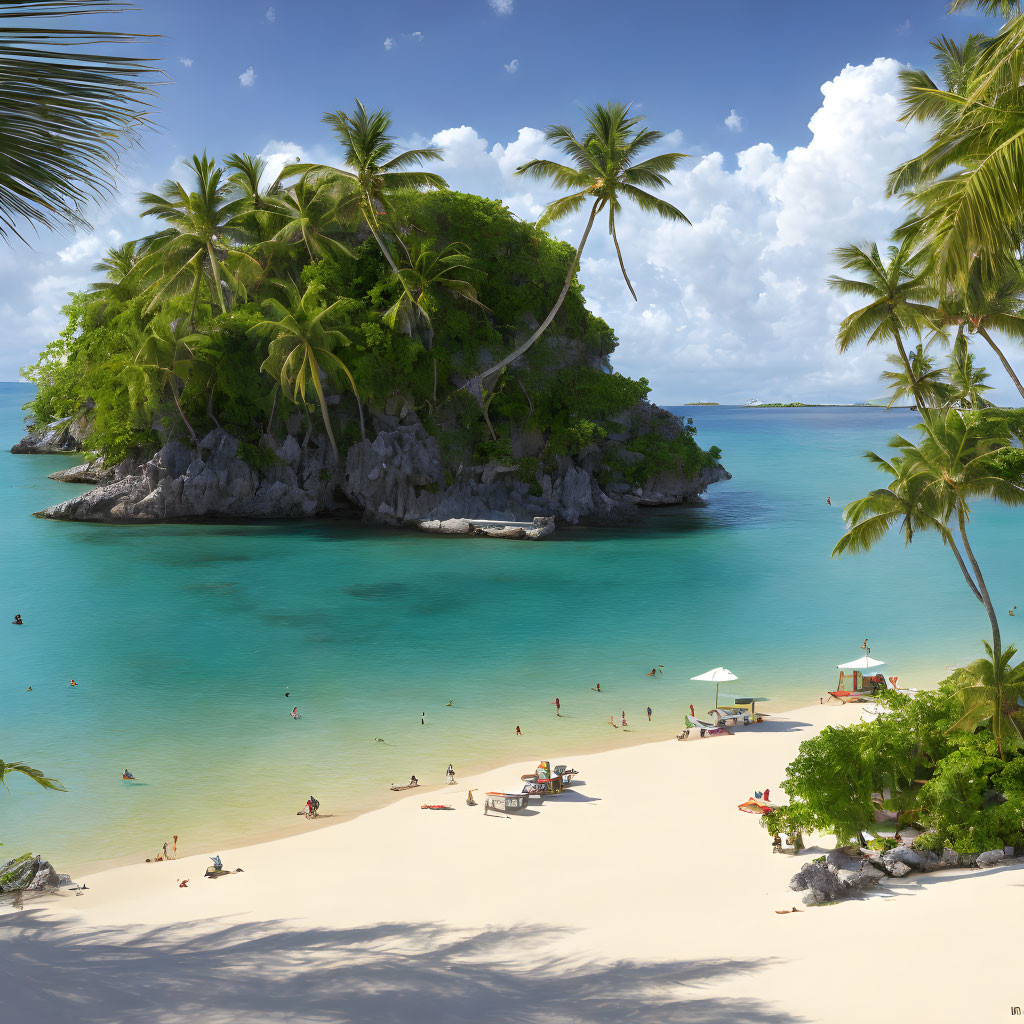 Scenic tropical island with lush greenery, palm trees, sandy beach, visitors, blue water,