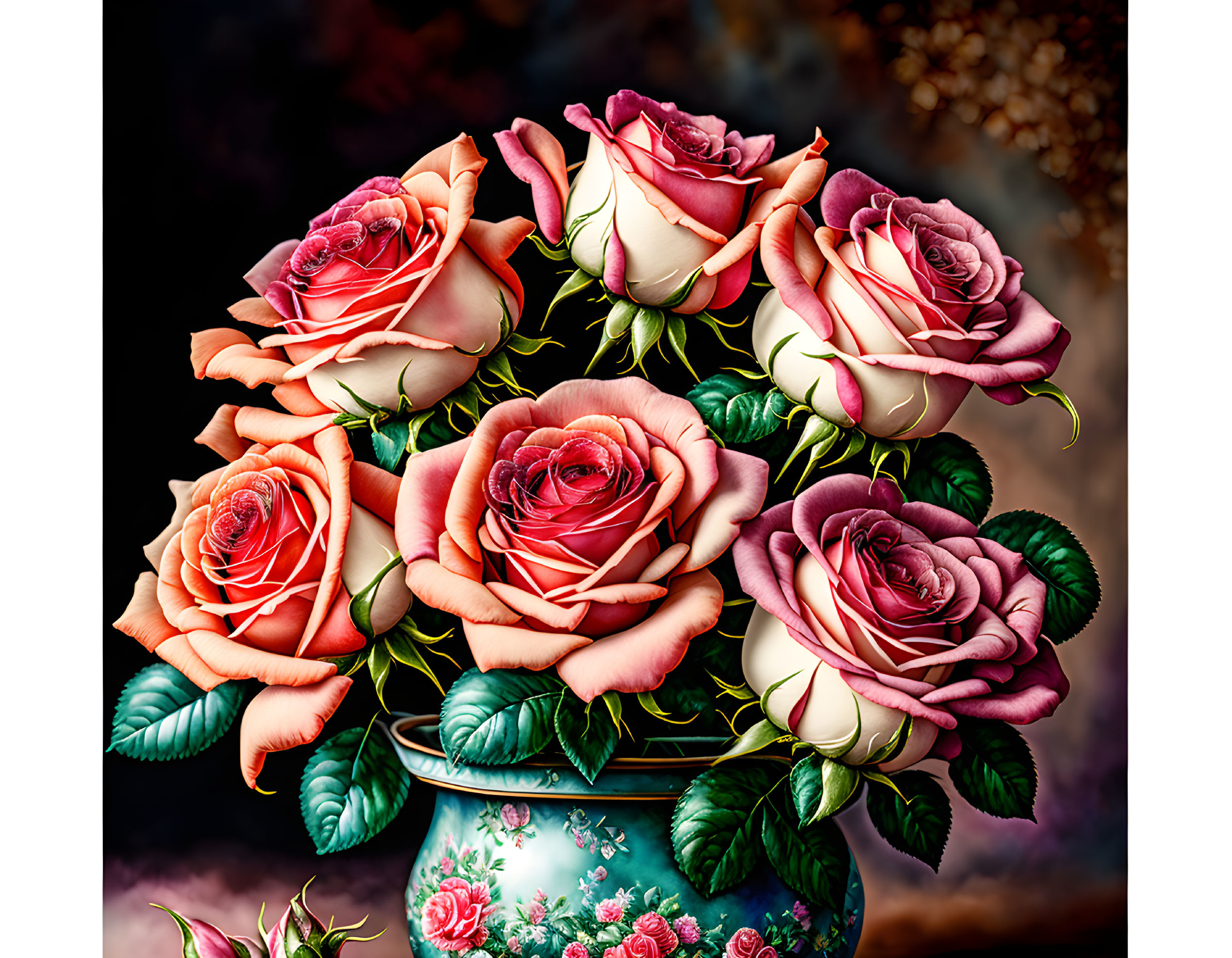  a bouquet of roses in an antique pot 