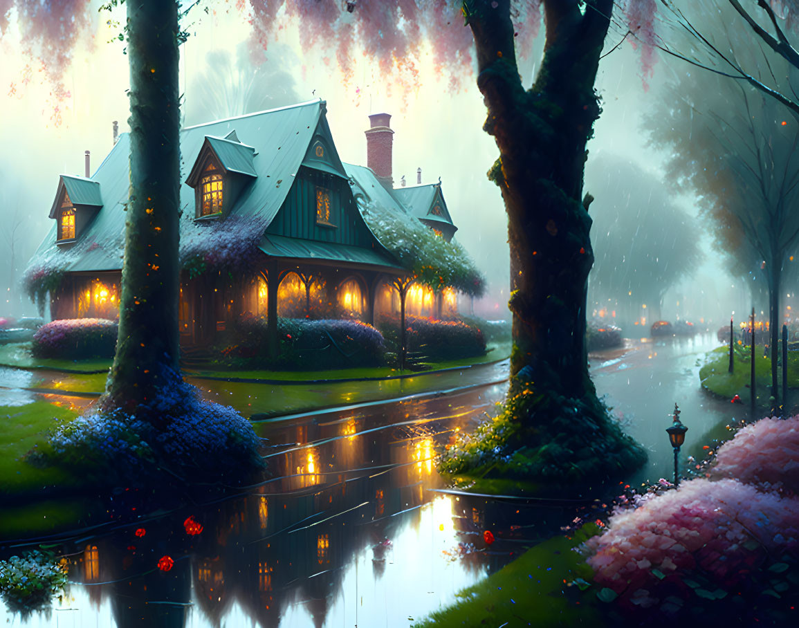 Twilight scene of glowing cottage in rain-washed landscape