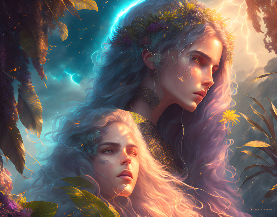 Ethereal women with floral crowns in enchanted forest scene