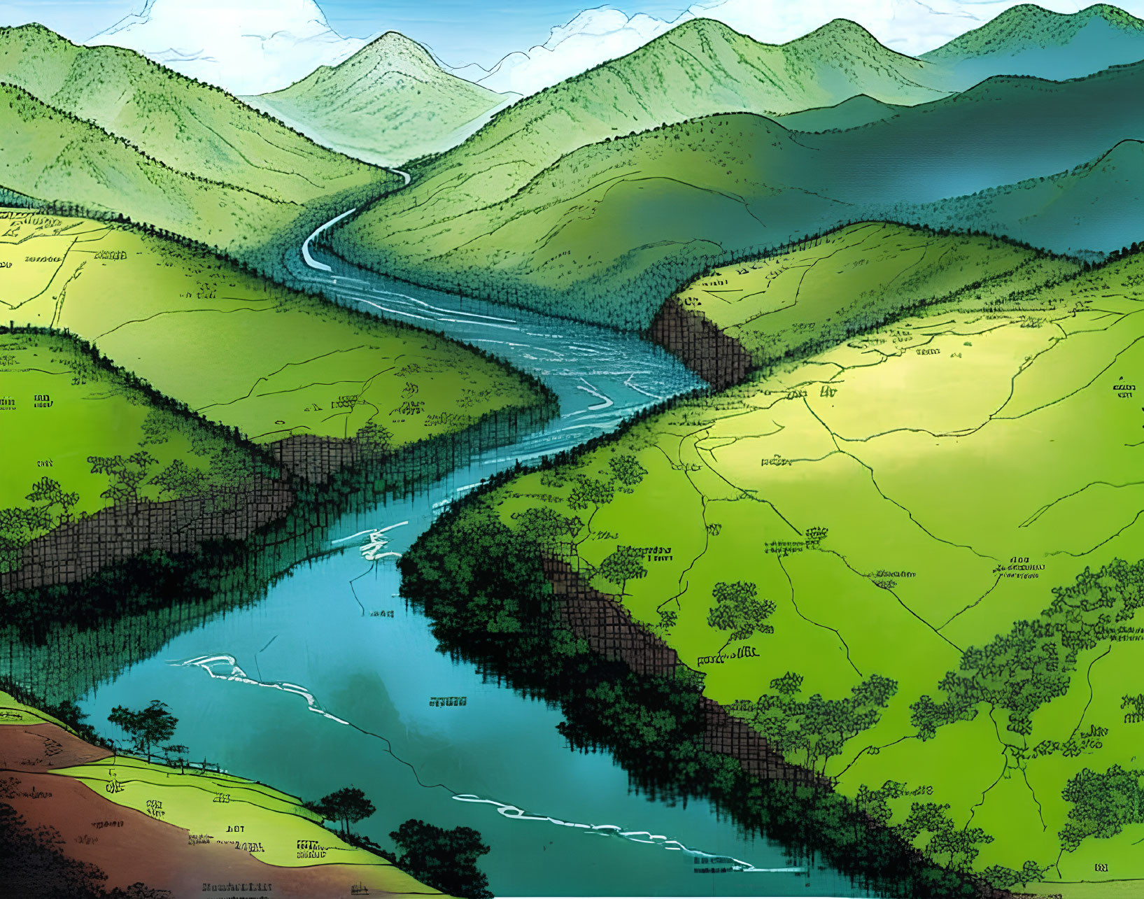 Illustrated landscape of winding river in lush valley with hills and mountains under hazy sky