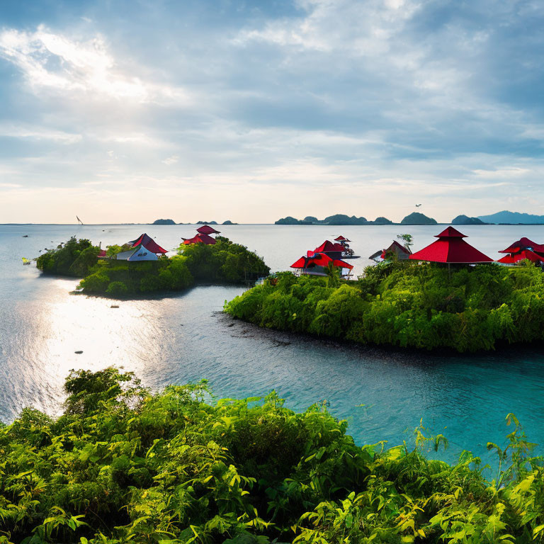 Tropical Island Landscape with Red-Roofed Huts surrounded by Greenery