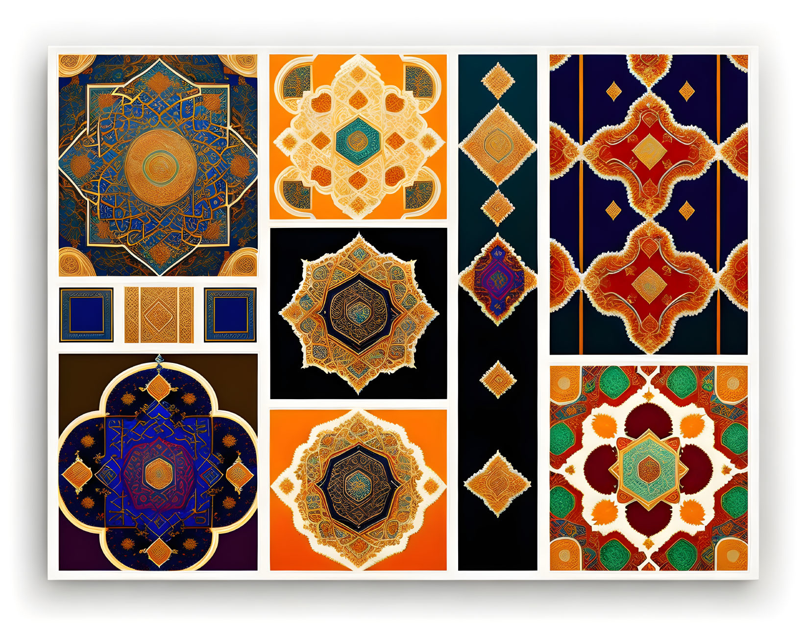 Colorful Square Tiles with Geometric Patterns and Gold Accents