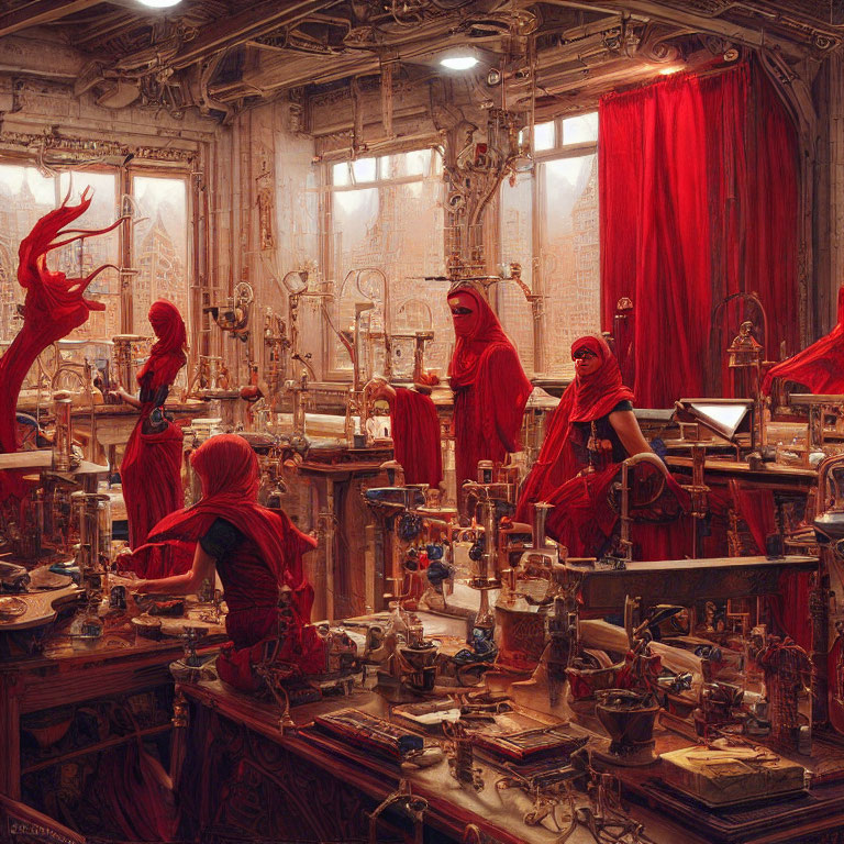 Group in Red Cloaks in Antique Lab with Apparatuses and Books