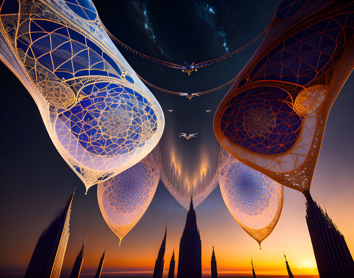 Fantastical cityscape with towering structures and floating orbs at sunset