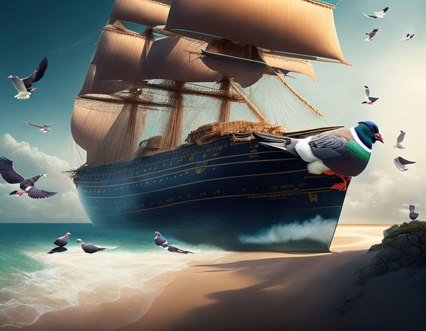 Surreal scene of large sailing ship with seagulls on cloudy day
