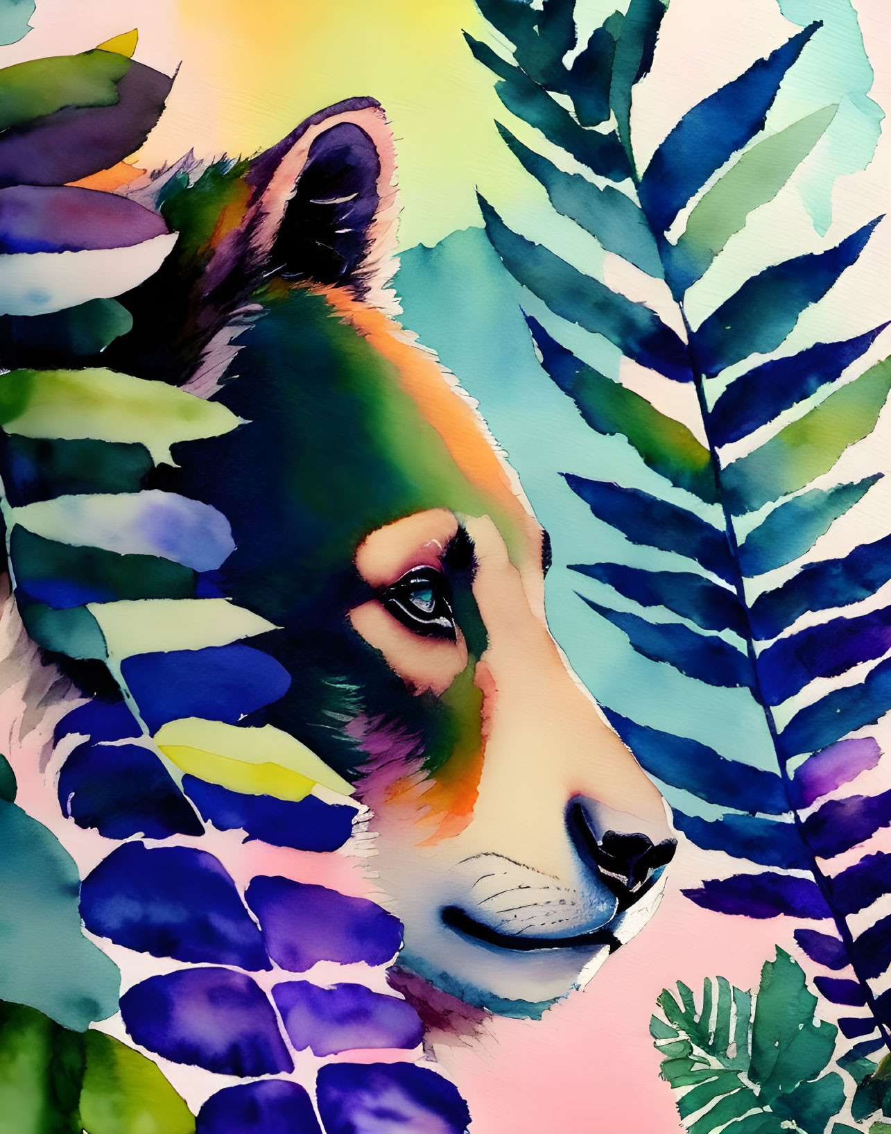 Colorful watercolor lion profile with stylized foliage backdrop