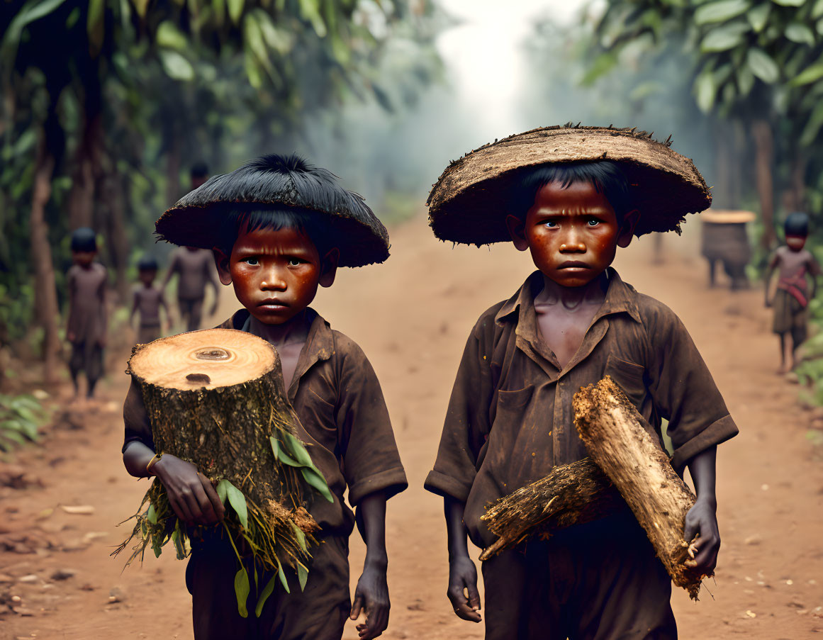 Children carrying wood and foliage on rural path.