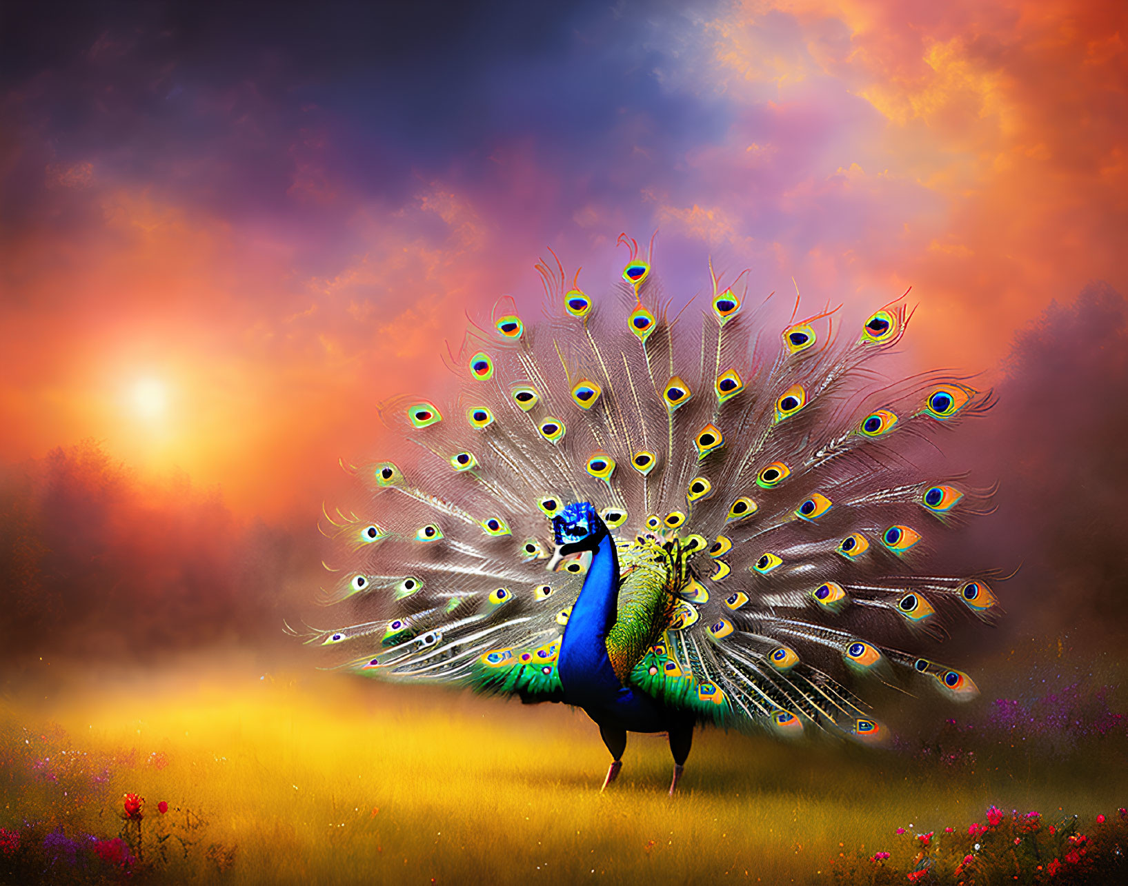 Colorful peacock showcasing feathers against sunset sky and foliage.