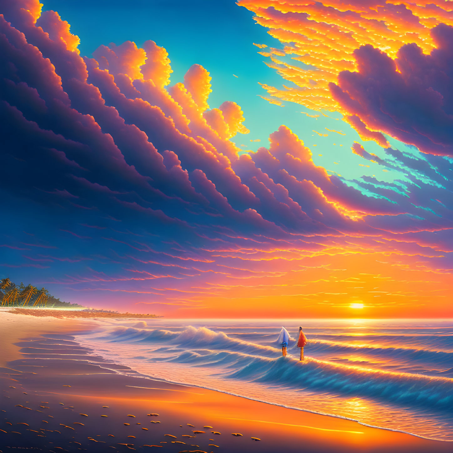 Serene beach sunset with billowy clouds and wading figures