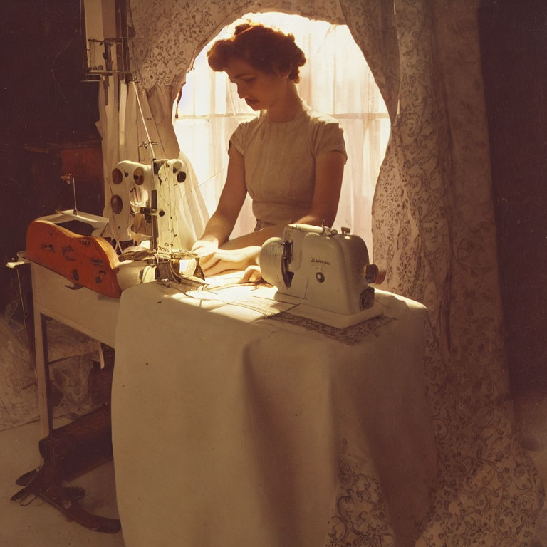 Woman sewing at table in warmly lit room with curtains and two sewing machines