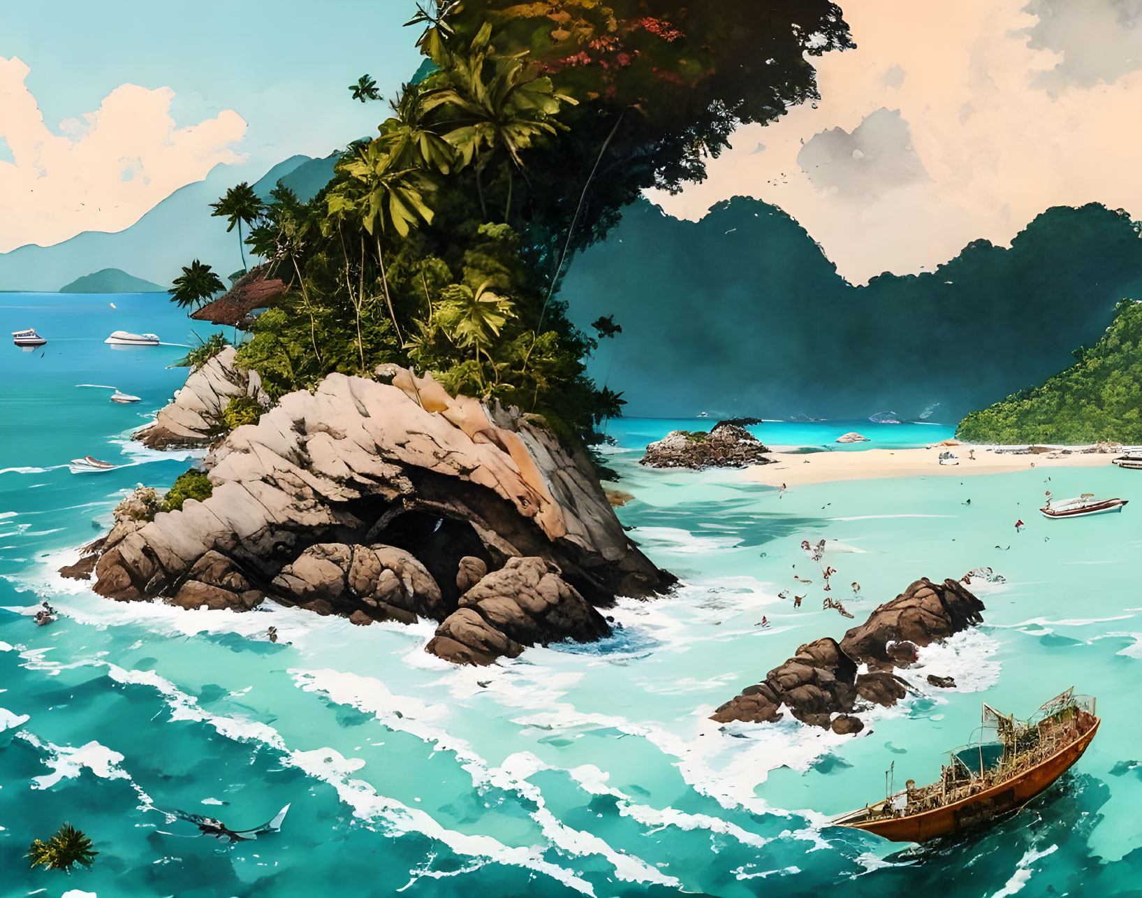Tropical beach scene with turquoise waters, rocky outcrop, lush greenery, and boats under h