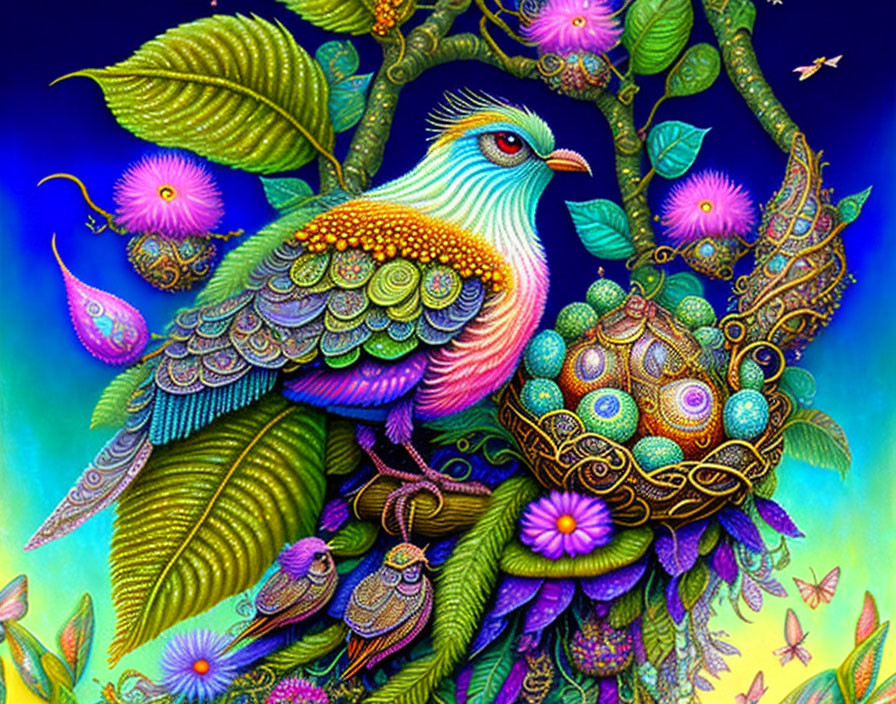 Colorful Fantastical Bird Illustration with Elaborate Plumage and Nest
