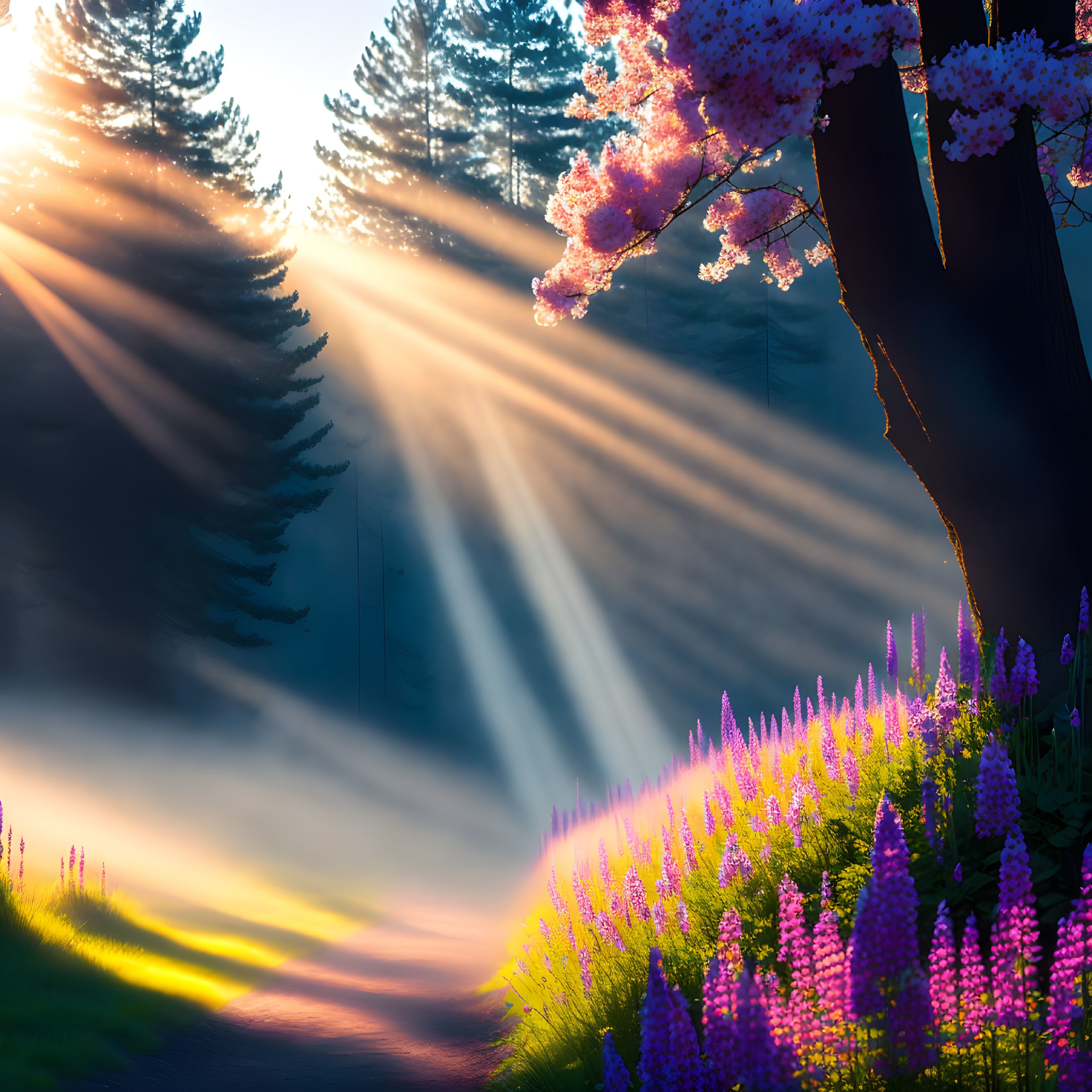 Forest path illuminated by sun rays and purple flowers.