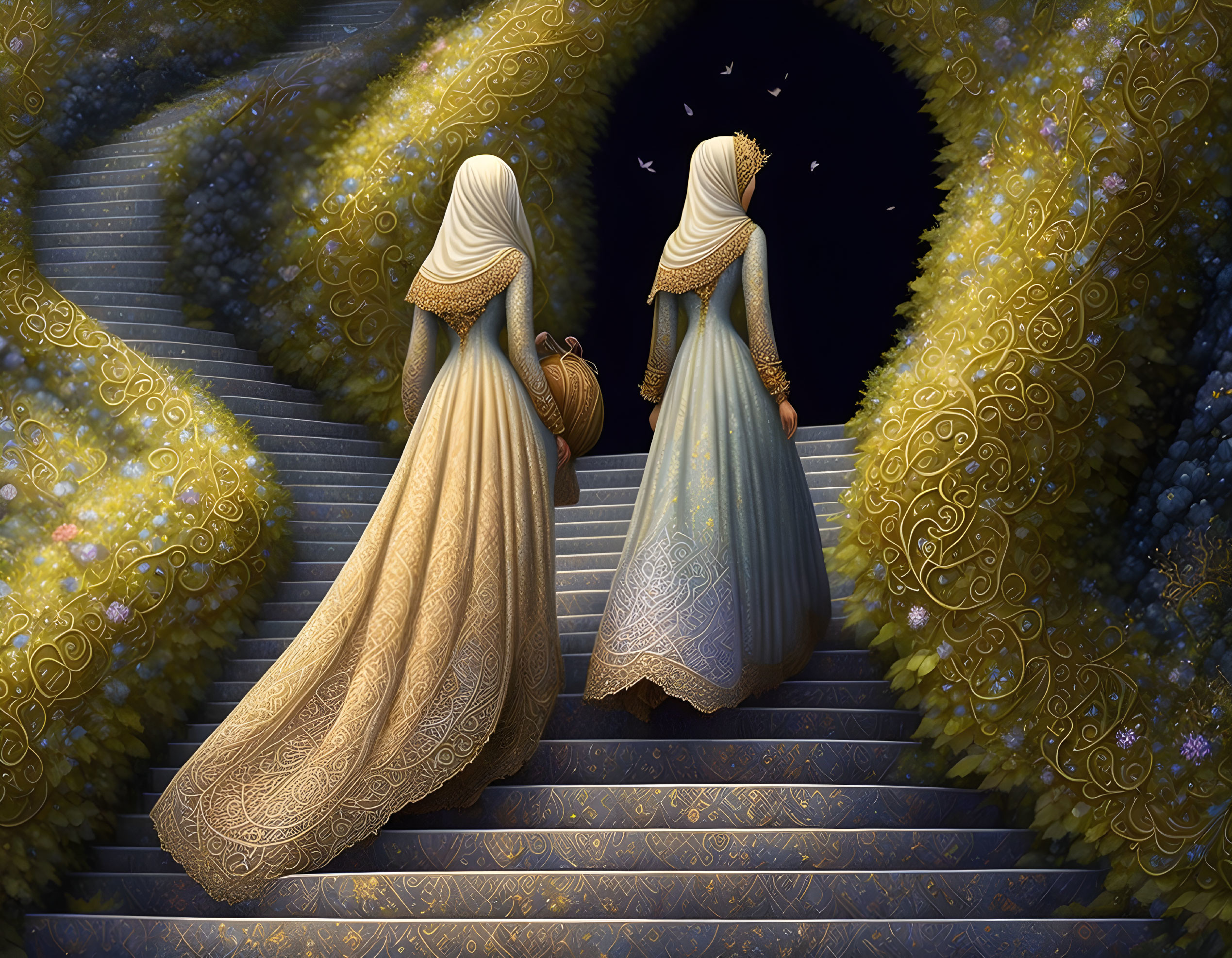 Two women in golden gowns on stairway with pot, starry backdrop, and floral arches