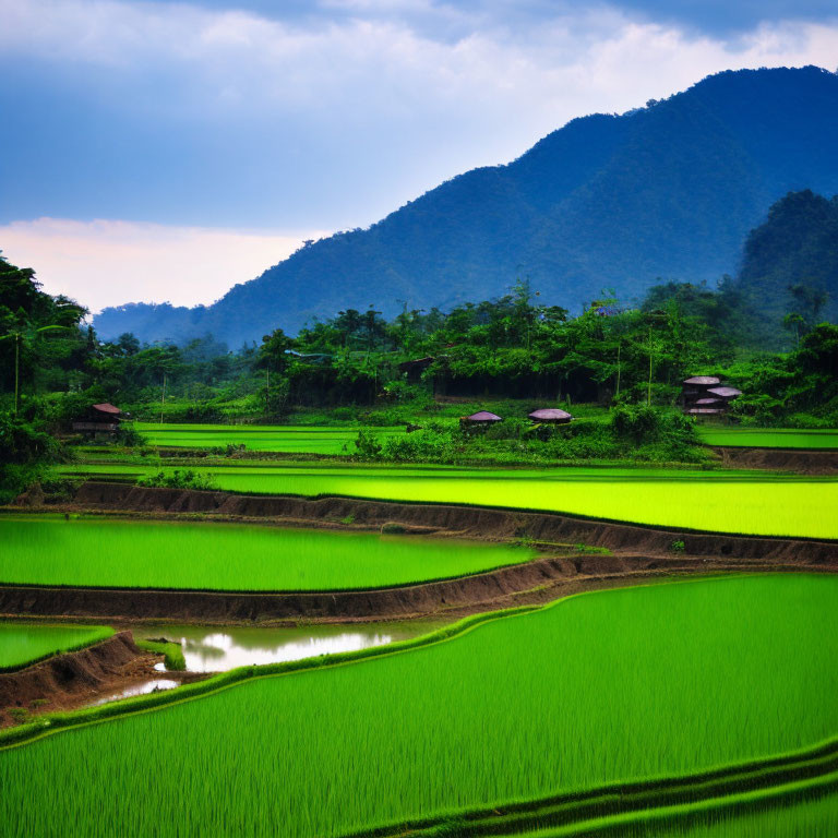 Scenic terraced rice fields with misty mountains and small huts