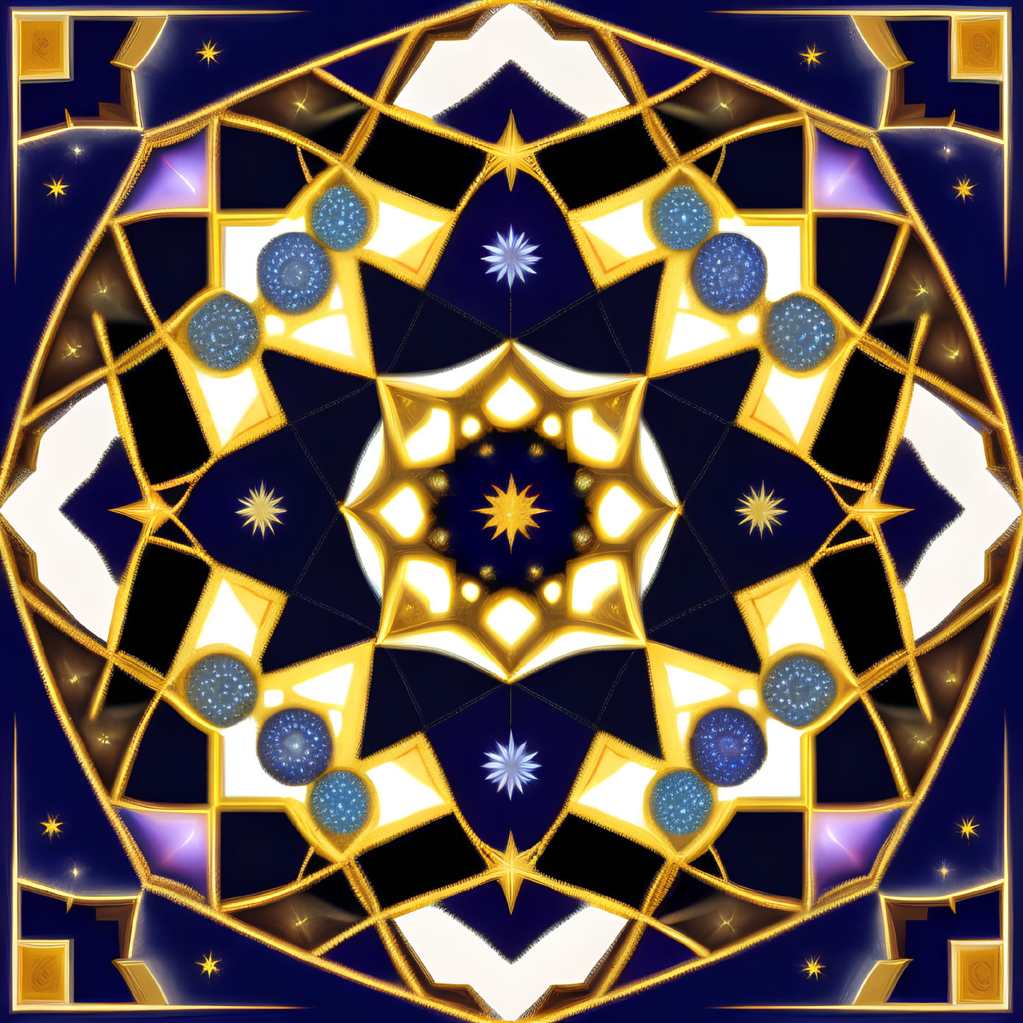 Symmetrical Kaleidoscope Pattern with Gold Stars and Blue Orbs