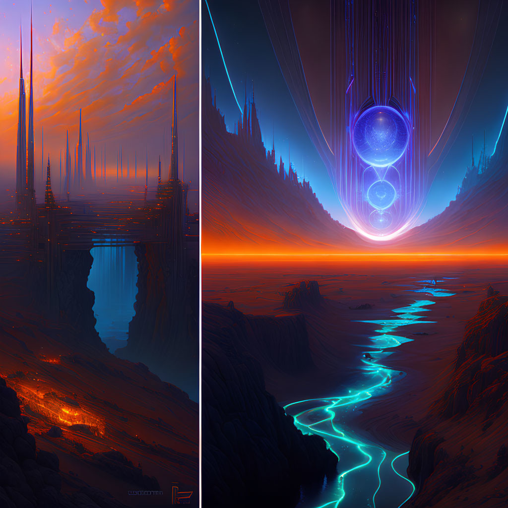 Futuristic split-scene artwork: vibrant city and glowing desert under twilight sky