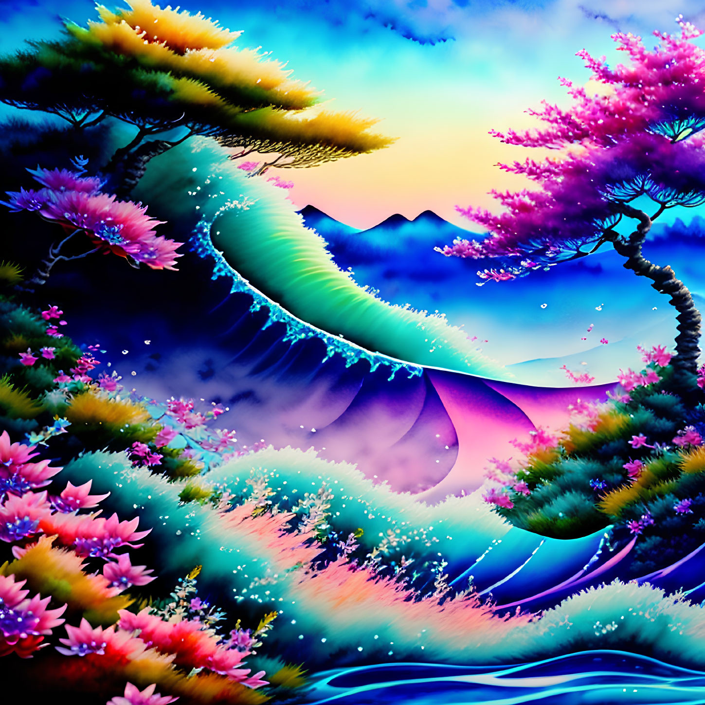 Colorful digital artwork: surreal landscape with neon trees, flowery hills, mystic mountain.