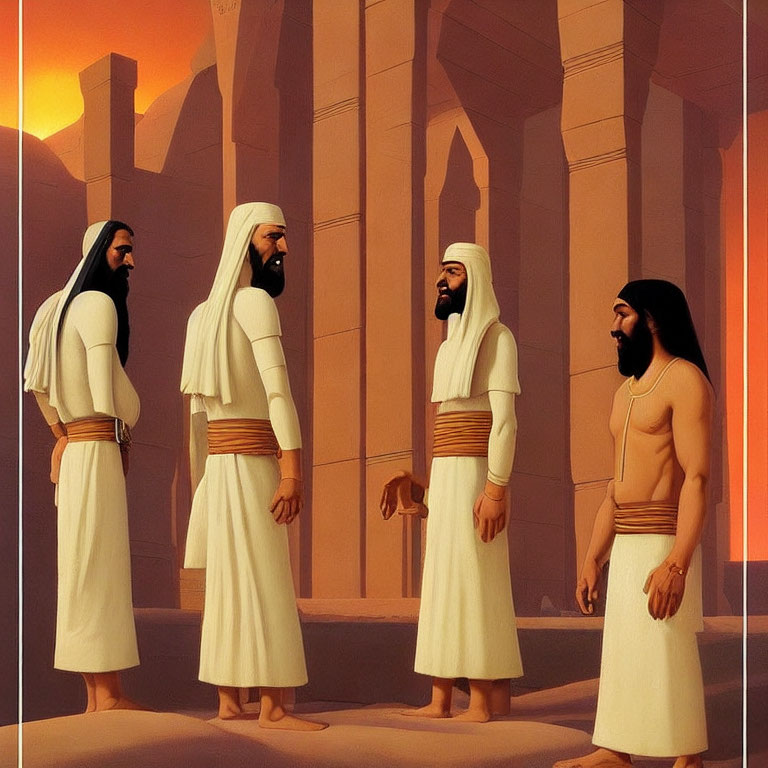 Four male characters in Middle Eastern attire converse in a desert city at sunset