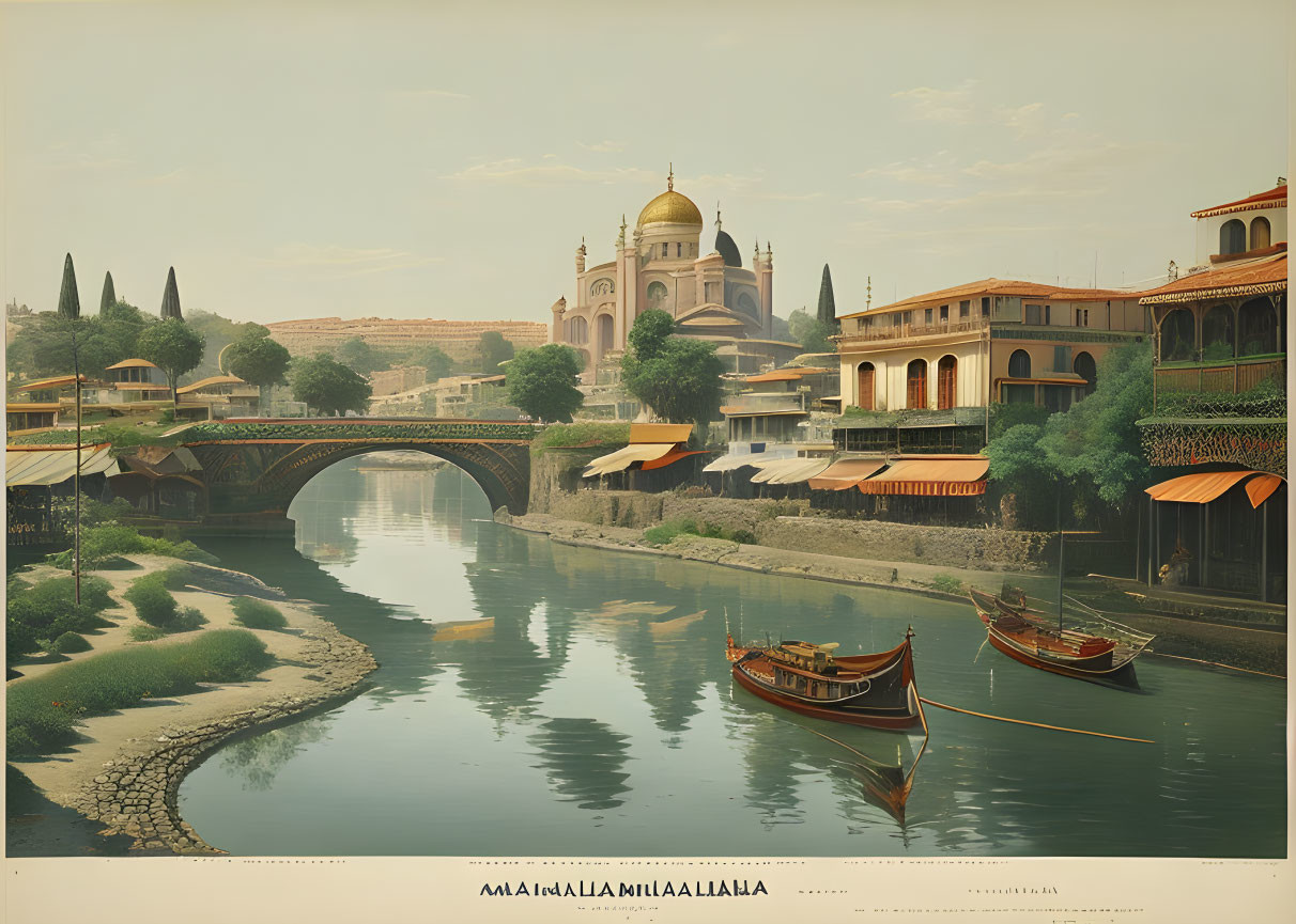 Tranquil vintage river scene with boats, bridge, and classical architecture