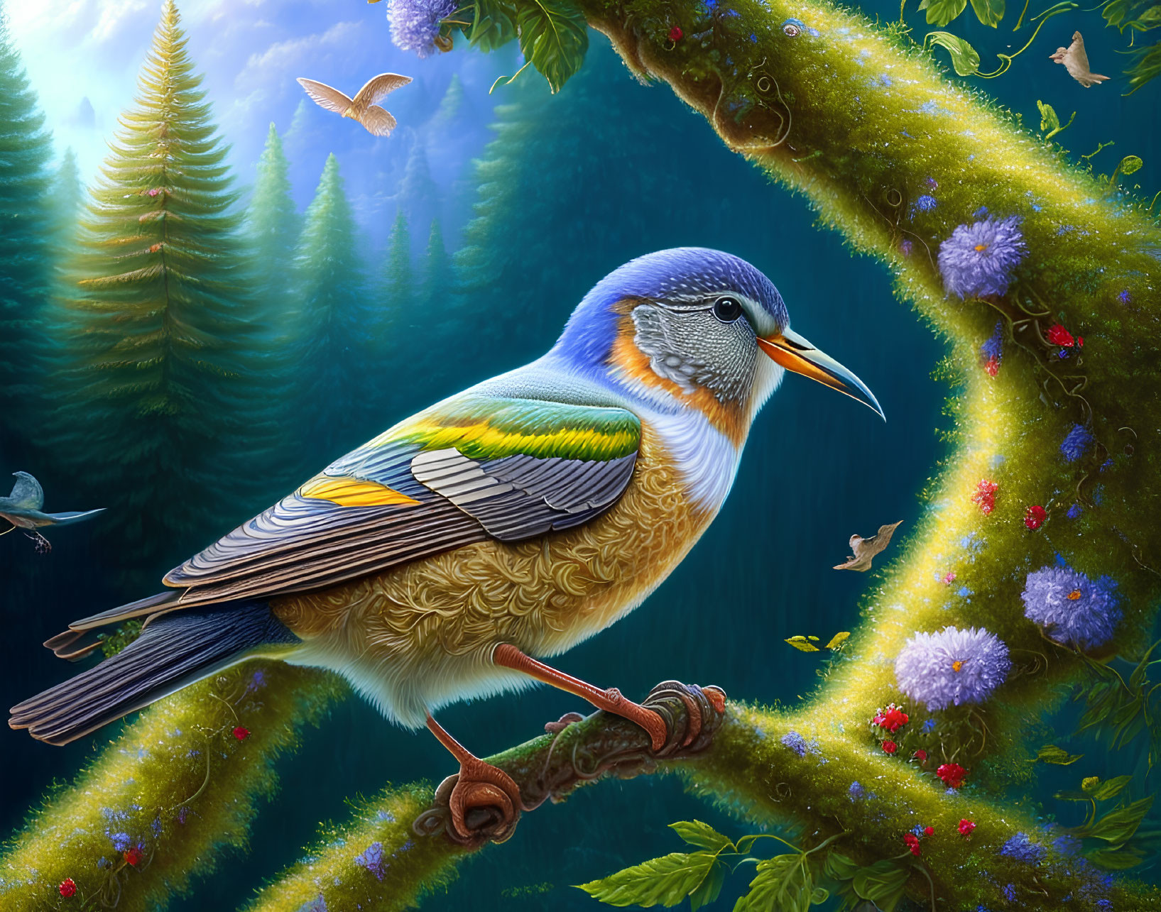 Colorful Bird on Mossy Branch in Fantastical Forest with Butterflies