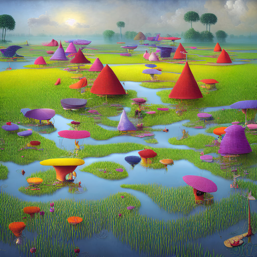 Surreal landscape with conical structures, lush greenery, floating islands, and reflective water at