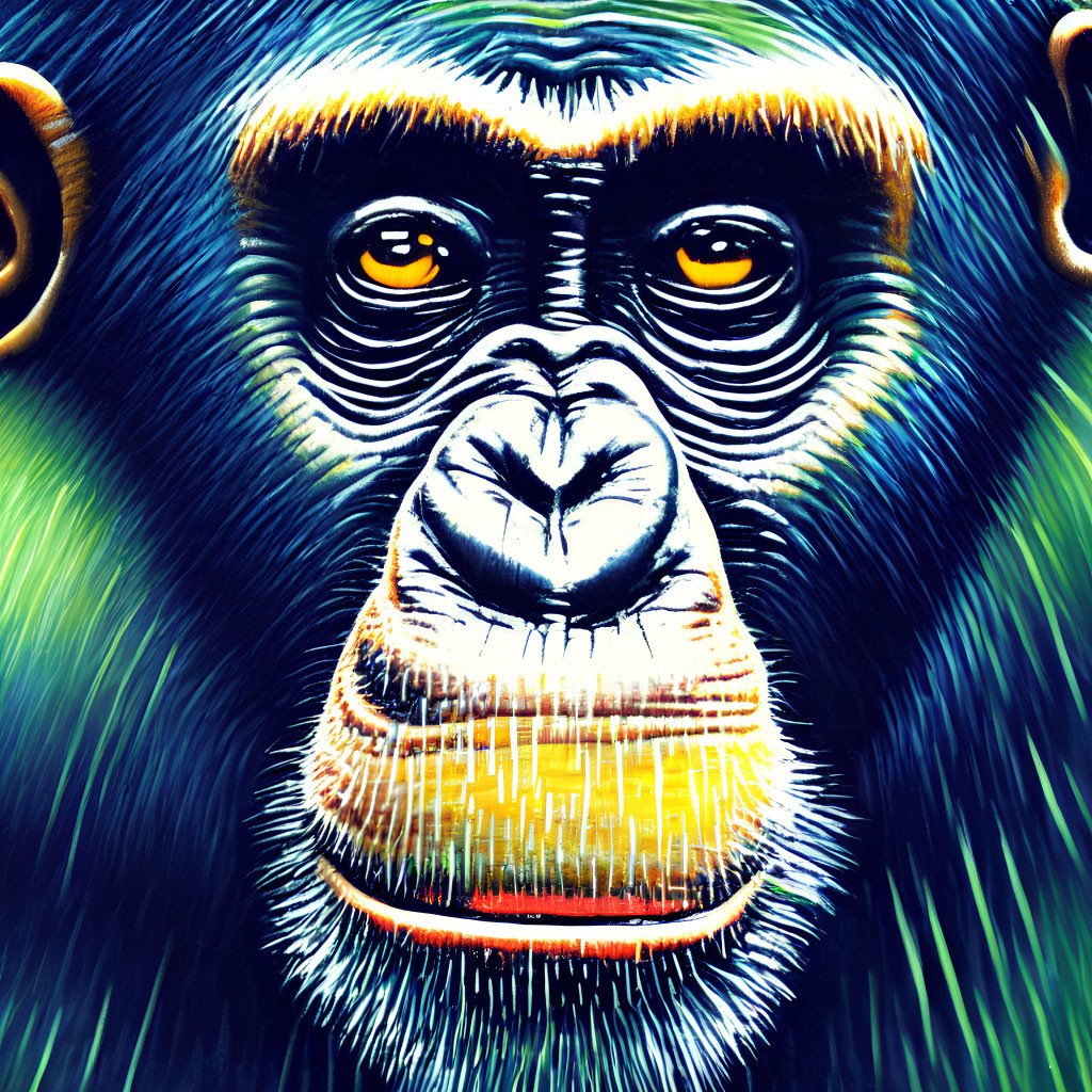 Detailed Close-Up Illustration of Chimpanzee's Face with Intense Yellow Eyes