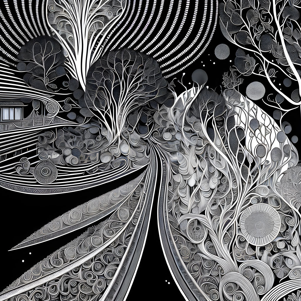 Monochromatic swirling pattern illustration of trees and abstract shapes