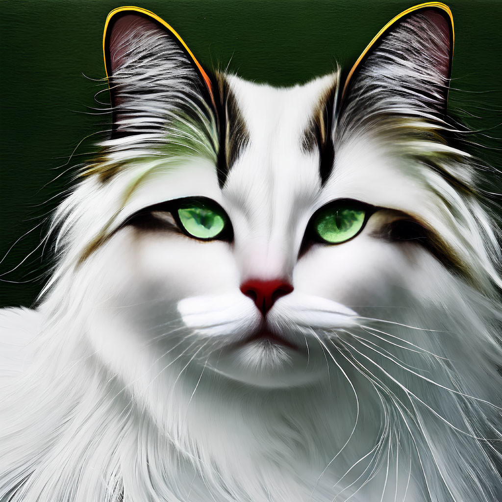 Fluffy white cat with green eyes and black markings on green background