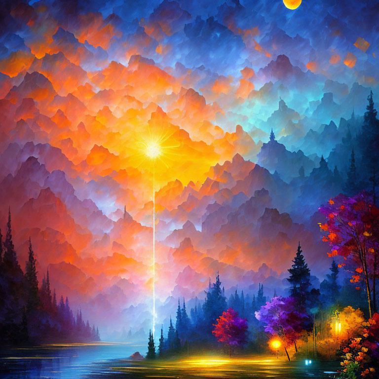 Colorful Landscape Painting: Tranquil Lake at Twilight