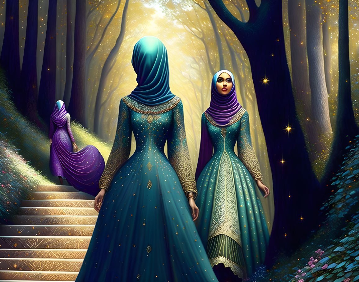 Two women in traditional dresses and hijabs in mystical forest with sparkling lights & stairway.