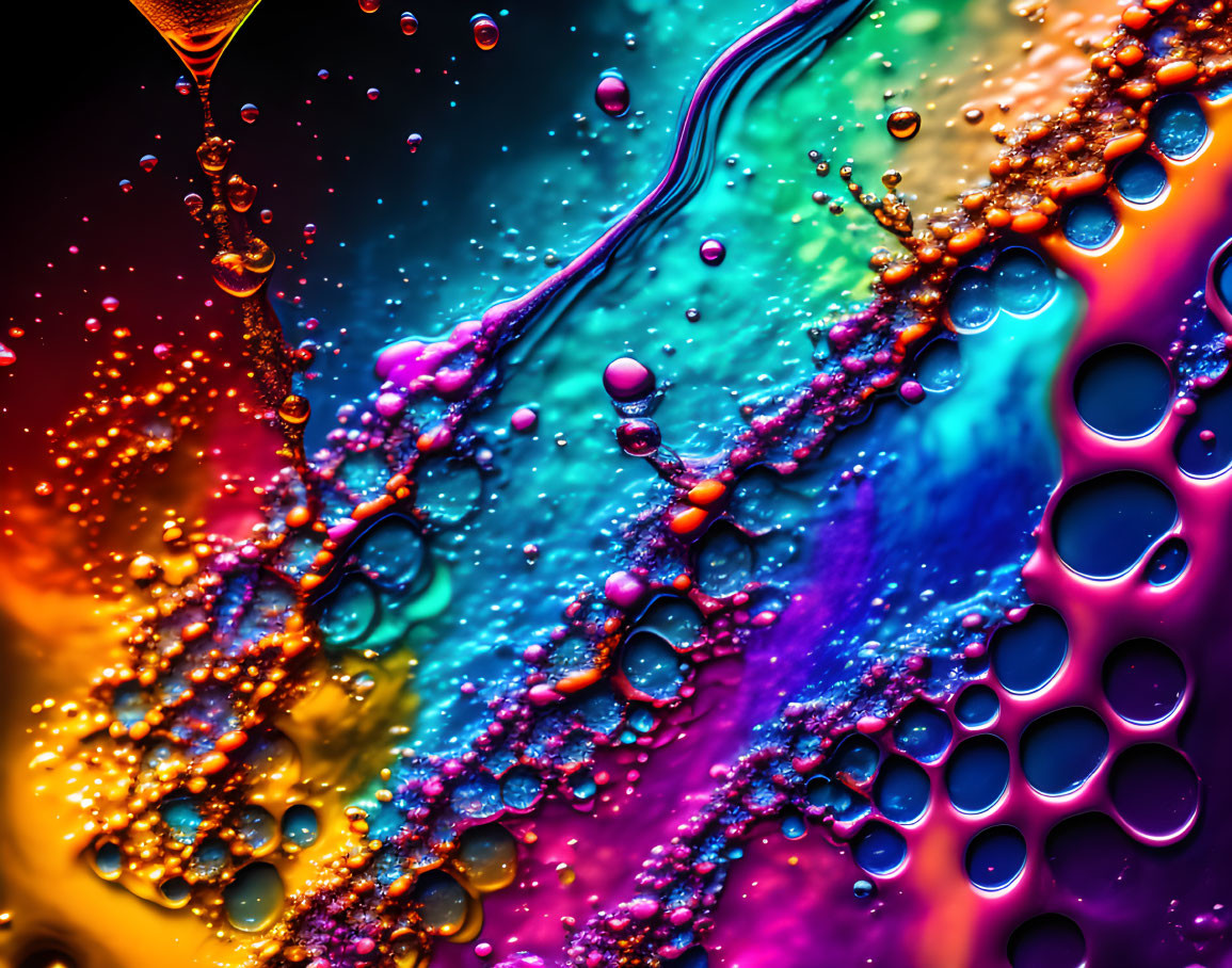 Colorful macro image of oil and water bubbles forming abstract texture