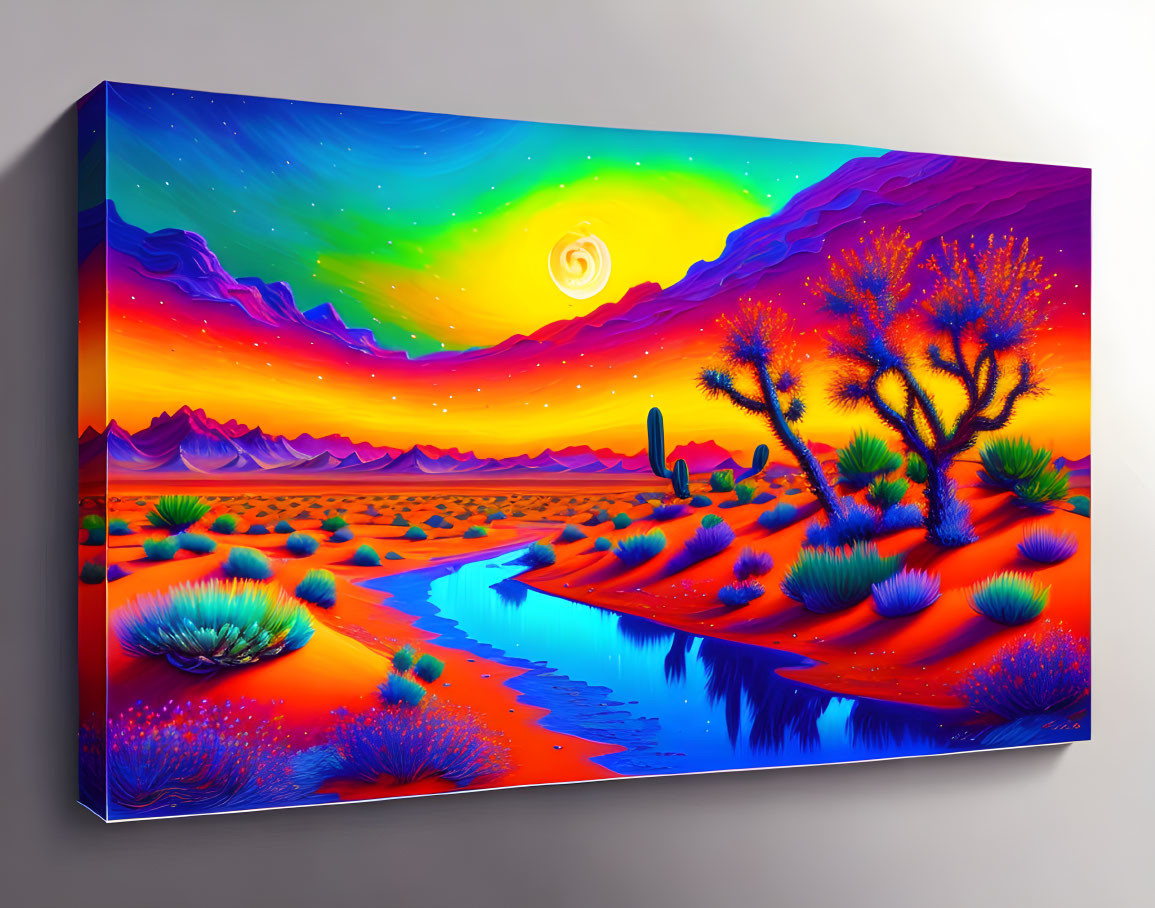 Colorful surreal landscape painting: river, desert, cacti, swirling sky