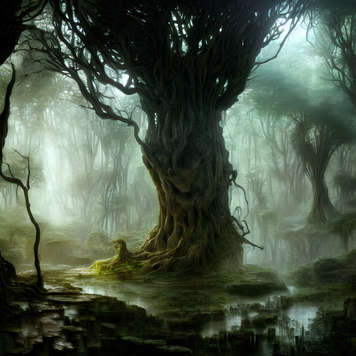 Mystical forest scene with ancient tree and misty ambiance
