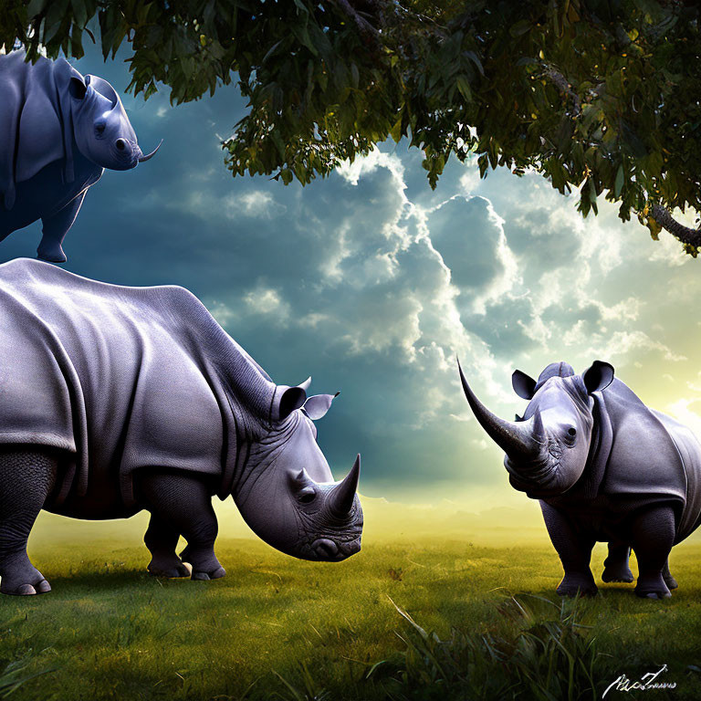Stylized rhinos under dramatic sky with lush greenery