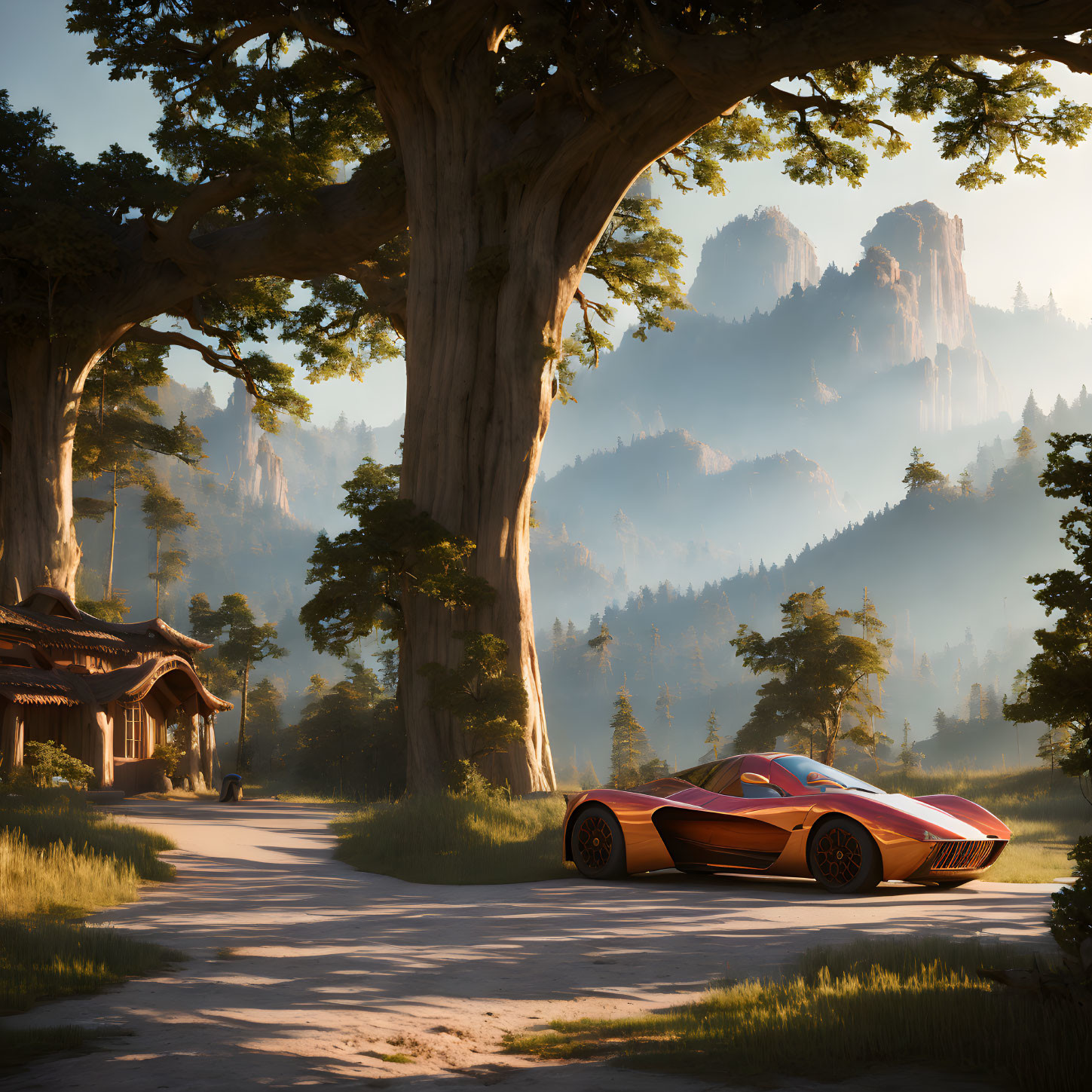 Red sports car on forest road at sunset with trees, wooden house, and mountains.