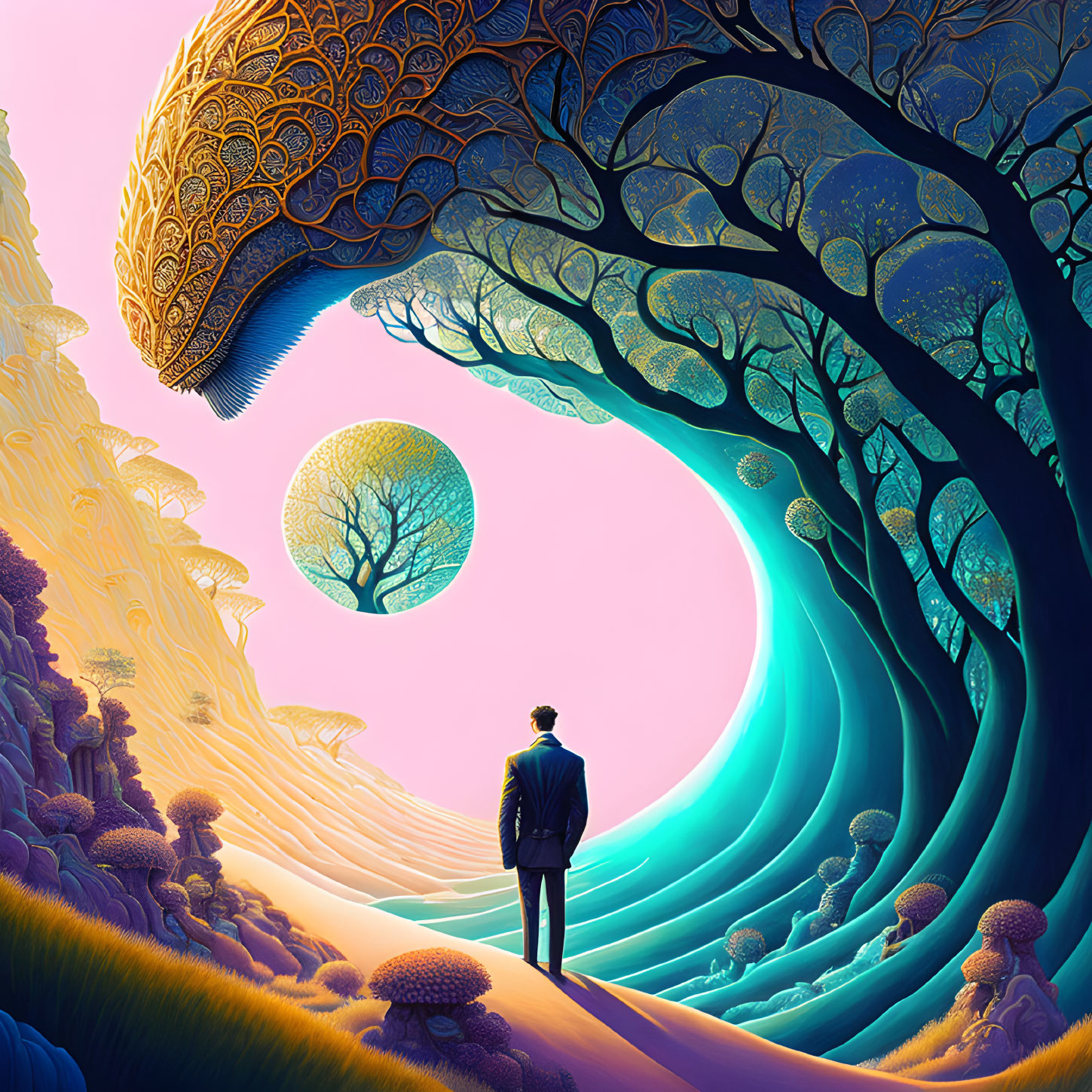 Business person in suit in surreal landscape with brain-patterned tree, floating sphere tree, and luminous