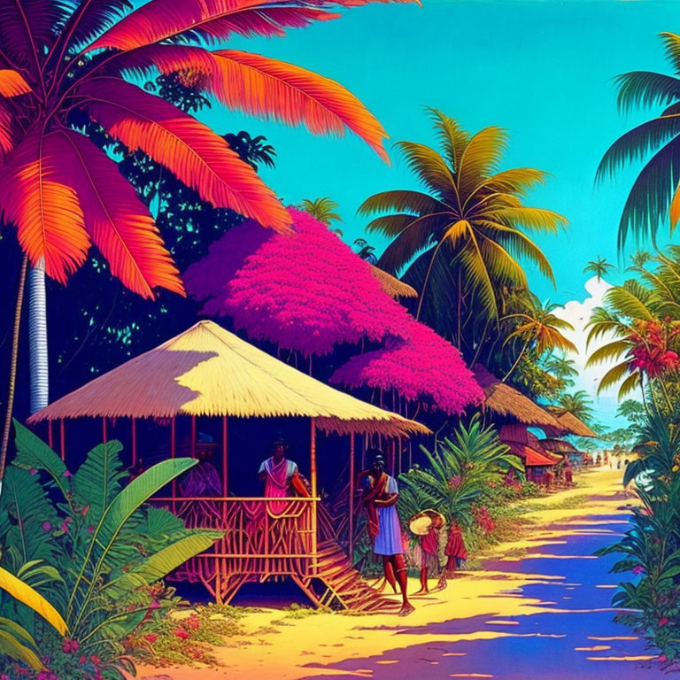 Tropical Scene with People by Huts and Lush Trees