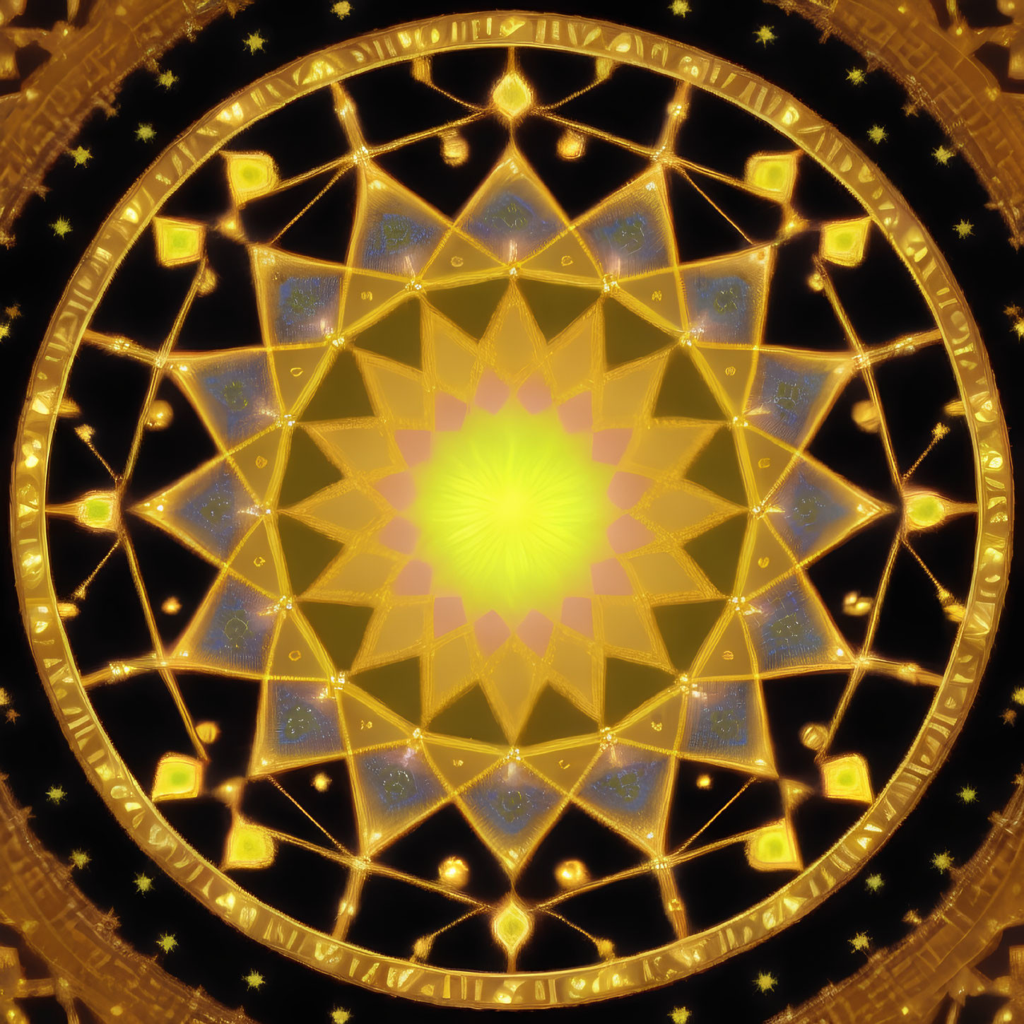 Intricate Gold and Yellow Fractal Kaleidoscope on Black Background