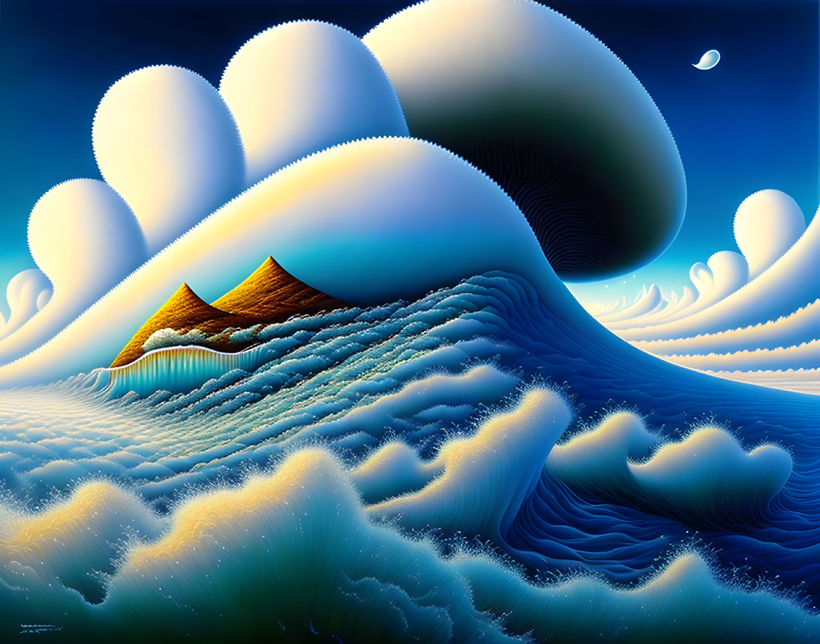 Surreal landscape with stylized waves, crescent moon, and bulbous clouds in blue and