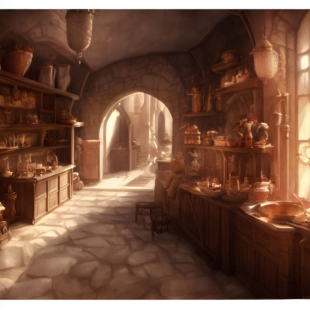 Medieval-style kitchen with stone walls, wooden cabinets, hanging pots, and sunlight.