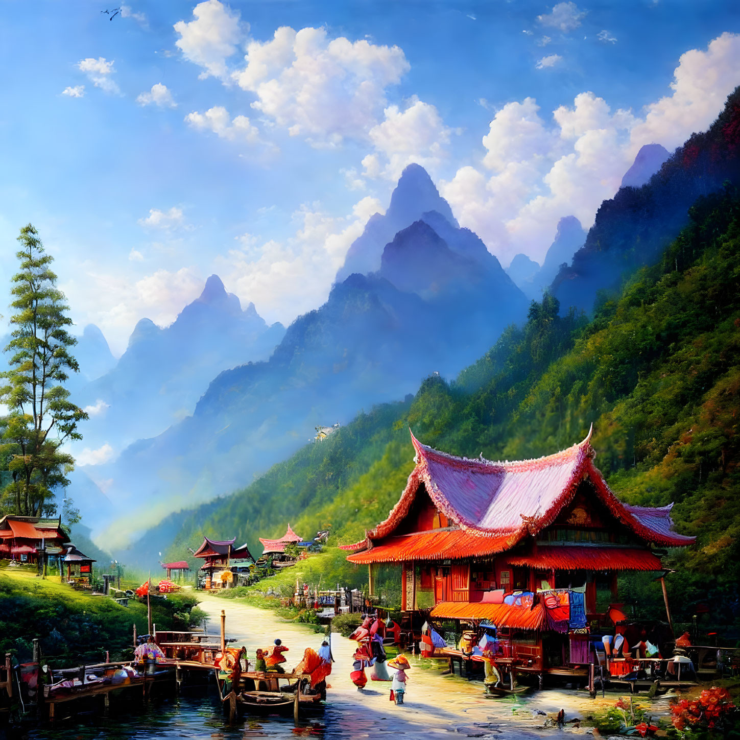 Traditional Asian-style building near river, forested mountains, people in colorful attire