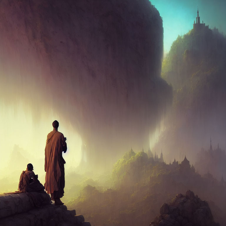 Misty Mountain Landscape with Ancient Temples and Monks