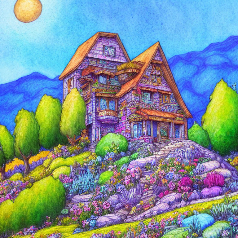 Colorful illustration of whimsical house in lush garden under twilight sky