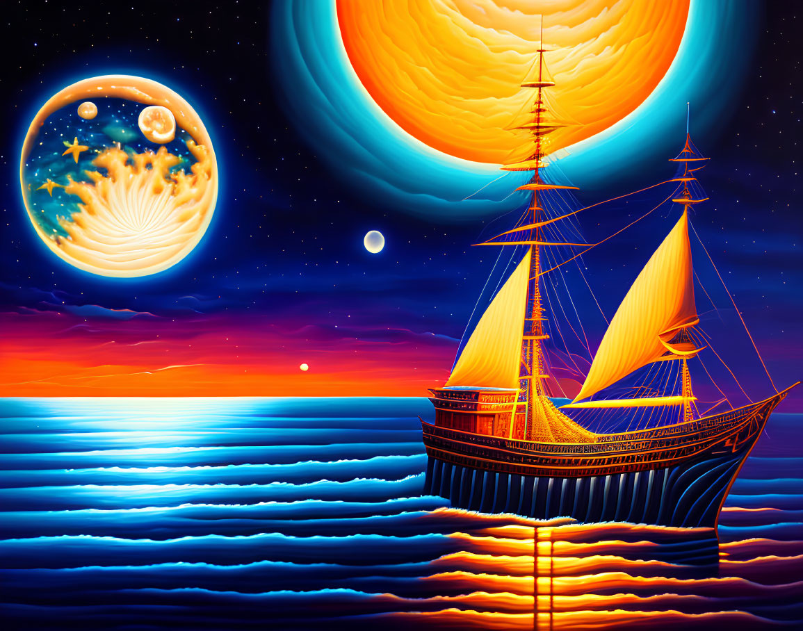 Tall ship sailing on tranquil sea at sunset with giant planet and stars