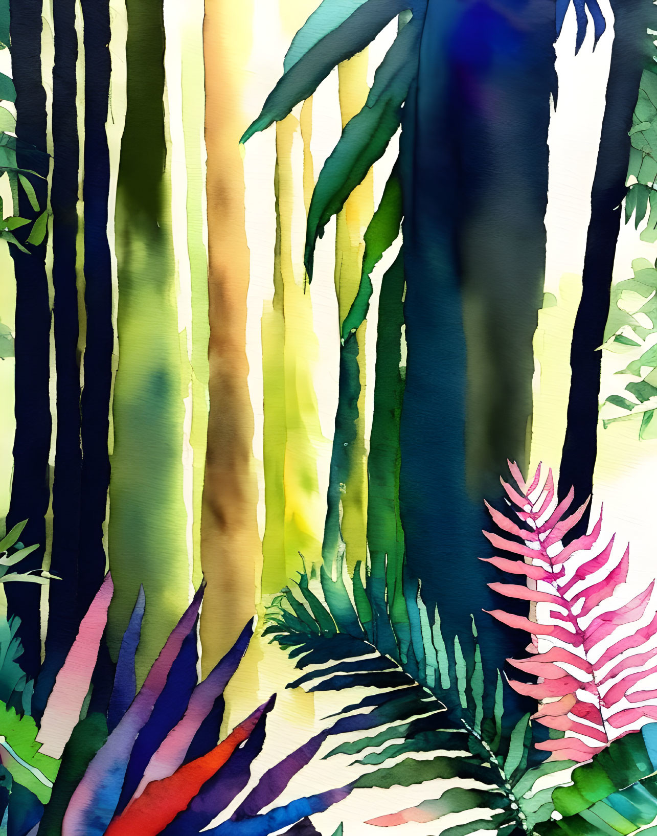 Colorful Tropical Forest Watercolor Painting in Green, Blue, Yellow, Pink